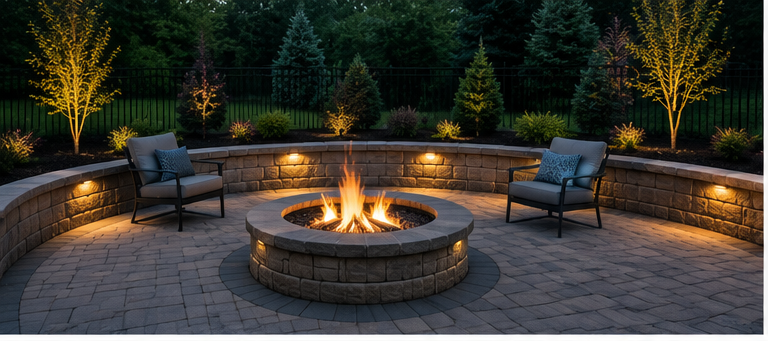 Patios — paver patio with stone fire pit and seating wall at dusk