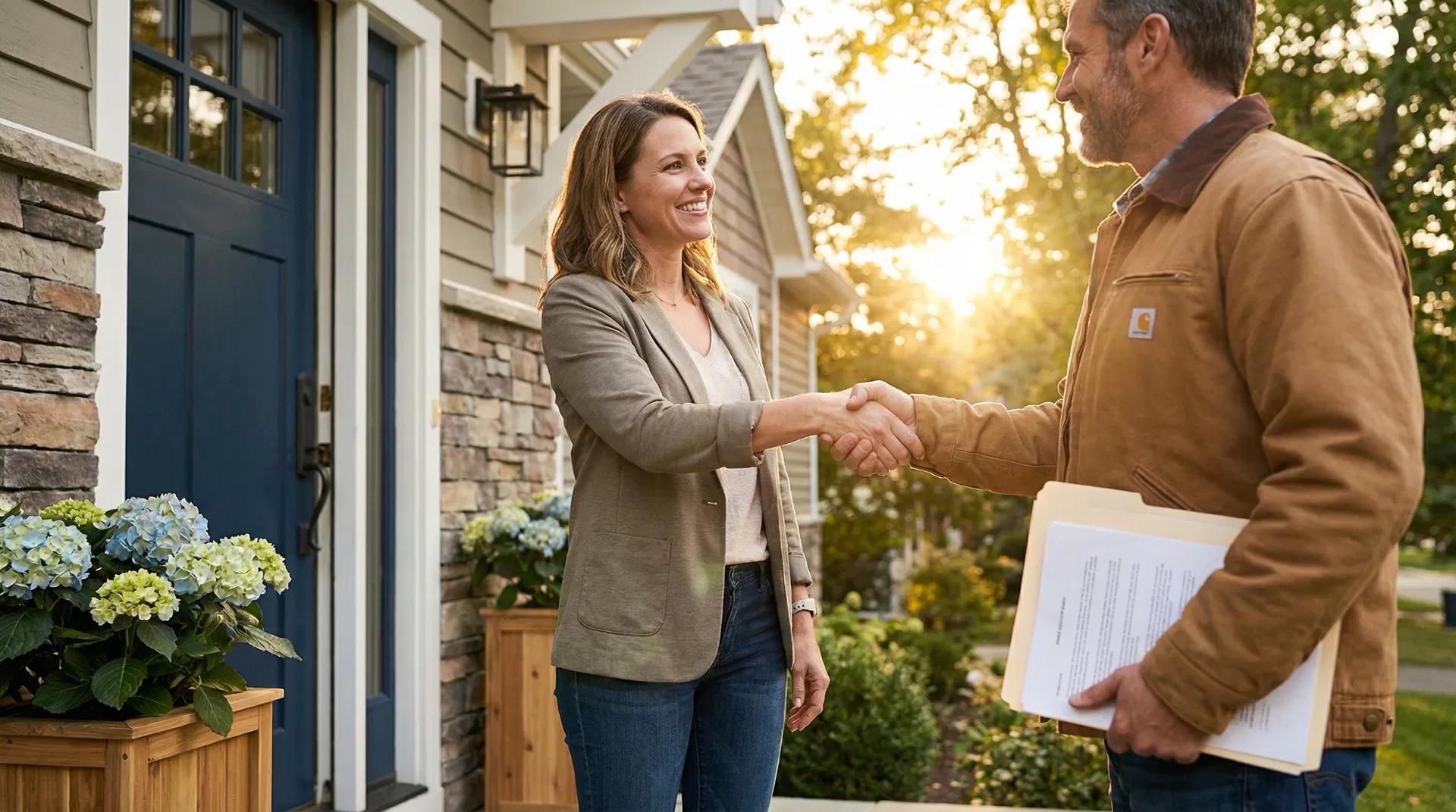 KP Builders — shaking hands with a homeowner at her front door